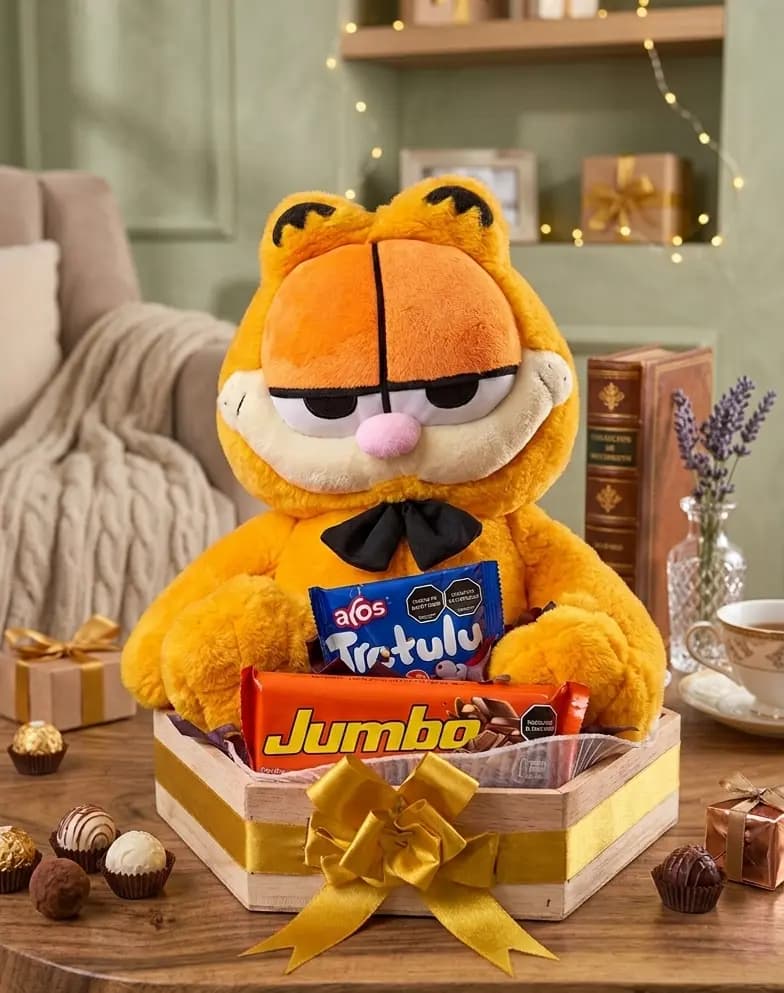 Ancheta con peluche Garfield y canasta de chocolates y golosinas