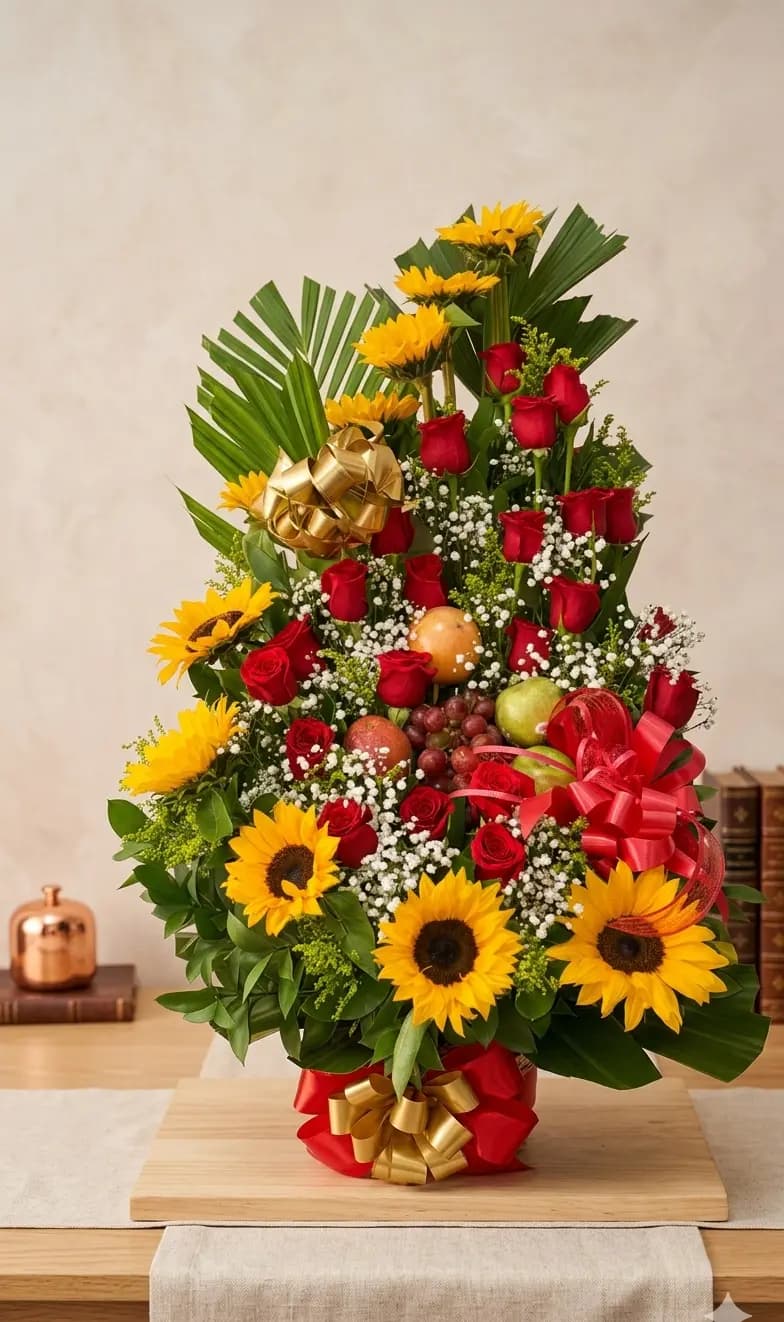 Arreglo en canasta con rosas rojas y amarillas, lirios naranjas y orquídeas