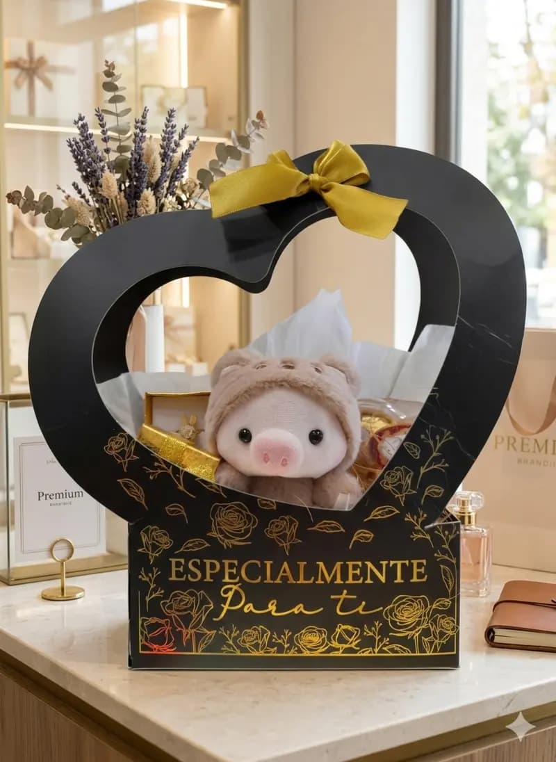 Bolsa negra con asa de corazón, peluche cerdito y lazo dorado Especialmente Para Ti