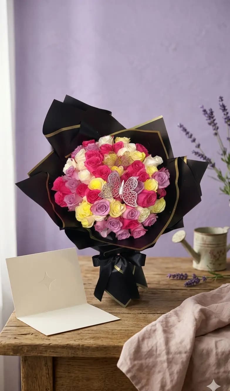 Bouquet de rosas multicolor envuelto en papel negro con lazos de satén