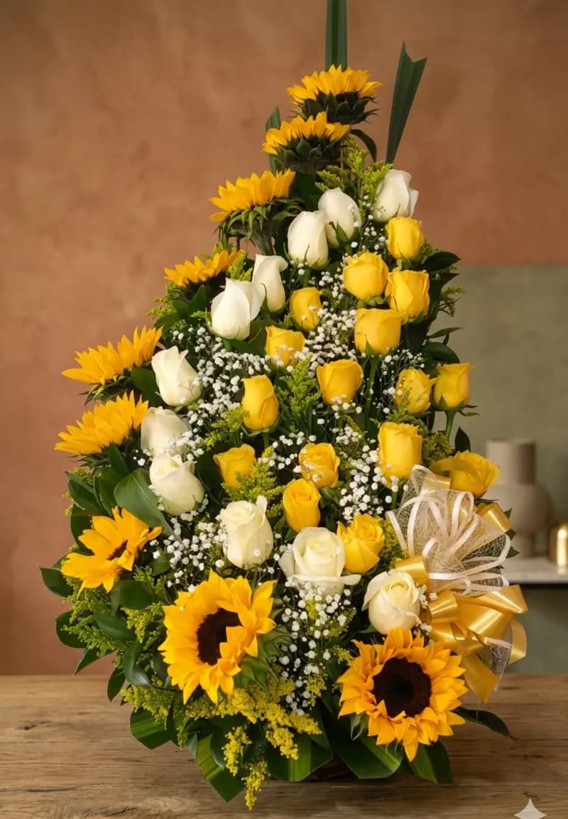 Arreglo floral de cumpleaños con girasoles, rosas rojas y globos dorados